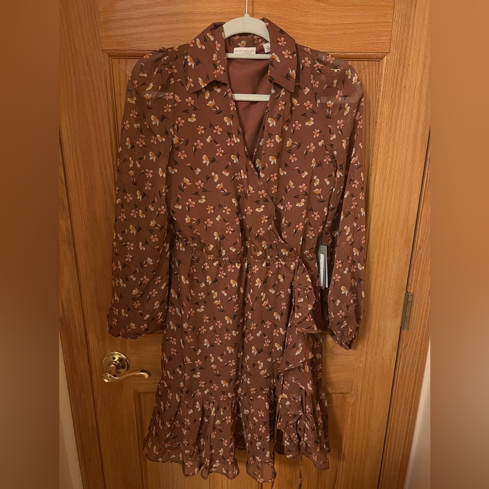 New with tags Eva Mendez New York & Company brown floral wrap ruffle mini dress